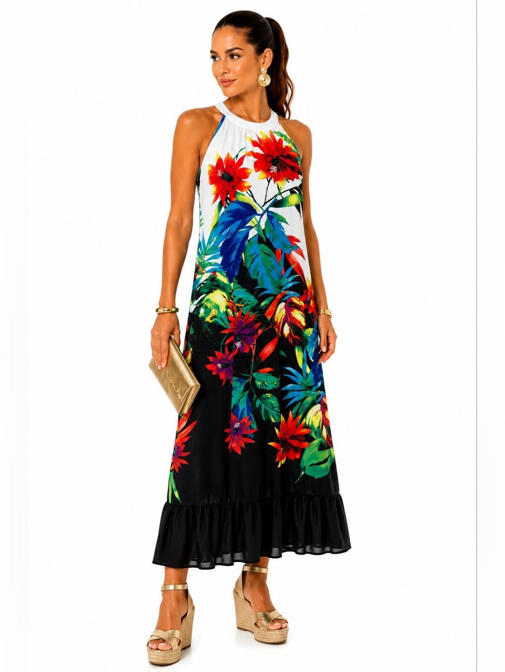 Signature Collection Tropical Floral Halter Maxi Dress Ruffle Hem Large